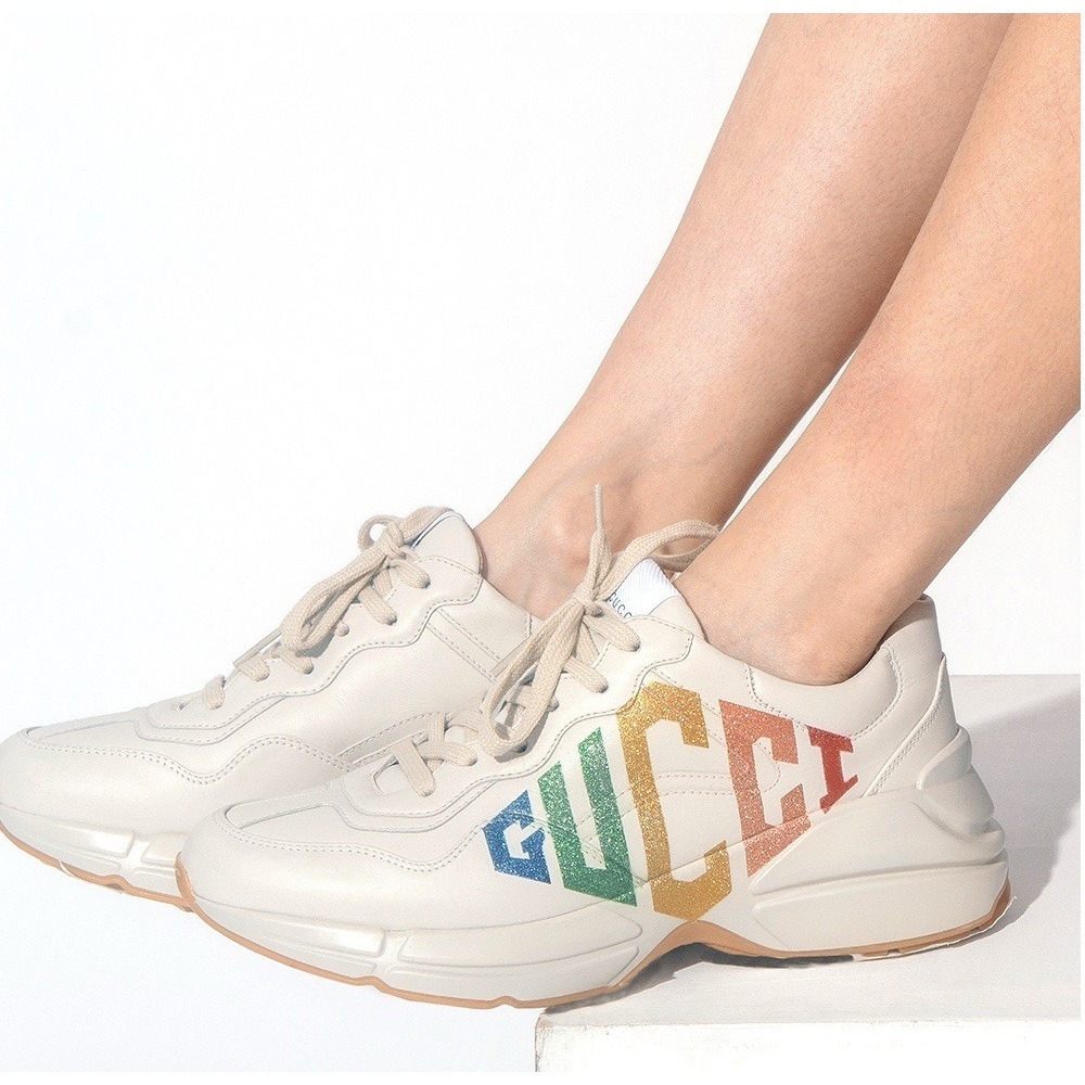 Gucci Rhyton Platform Calfskin Glitter Logo Womens Sneakers Mystic White EU 41 - Picture 2 of 16